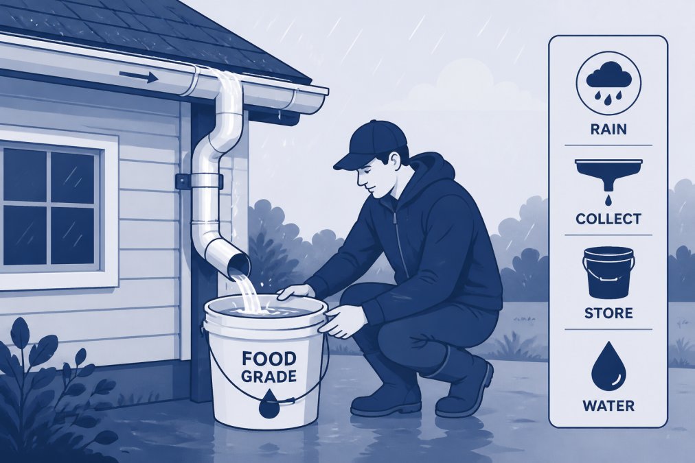 Person collecting rainwater in a clean bucket from a roof gutter during light rain, showing proper rainwater harvesting setup with downspout directing water into food-grade container