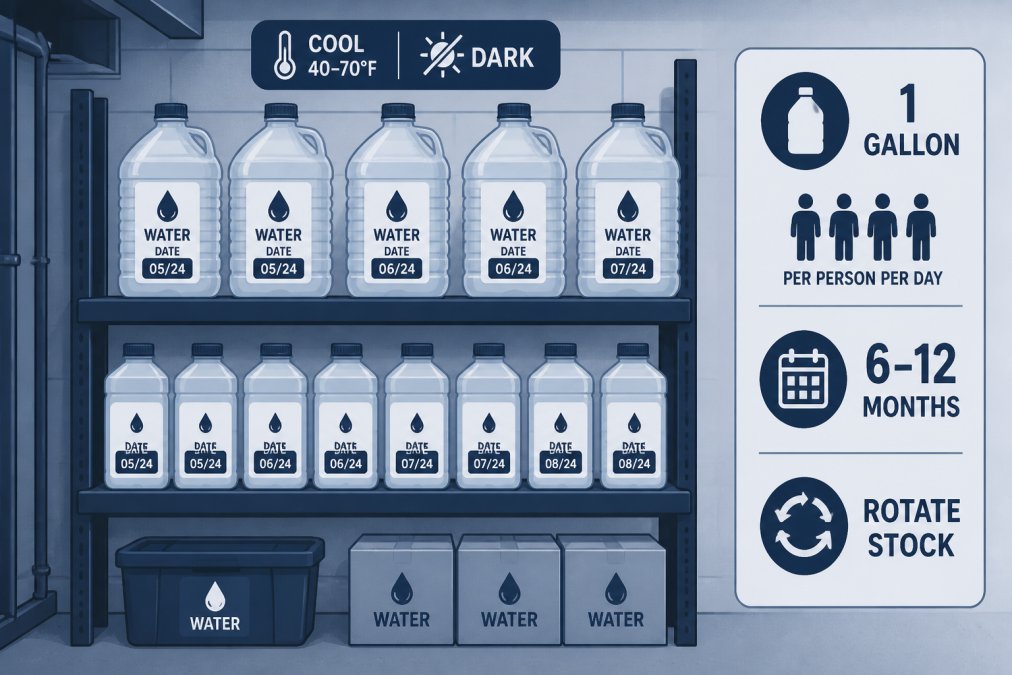 Organized storage area with multiple food-grade water containers stacked neatly in a cool, dark basement or pantry space, showing proper rotation labels and storage conditions