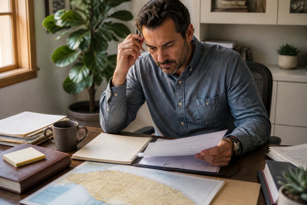 Small business owner reviewing a checklist on a laptop to open a company in a sunlit California home office