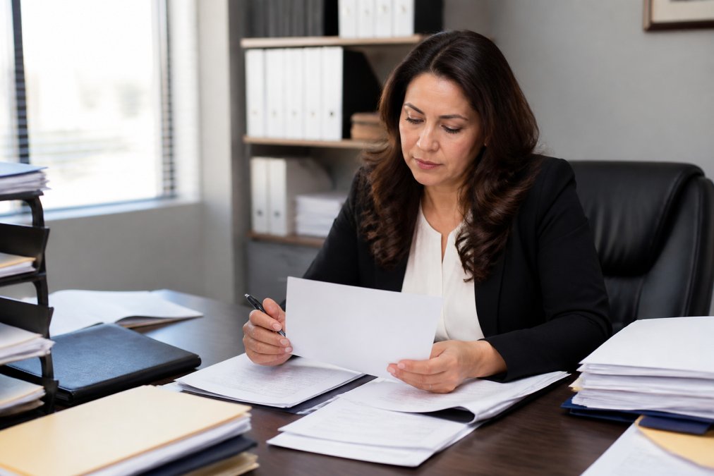 Professional in business attire reviewing licensing documents and application forms at a desk with a computer and filing system visible in a modern office setting with natural lighting
