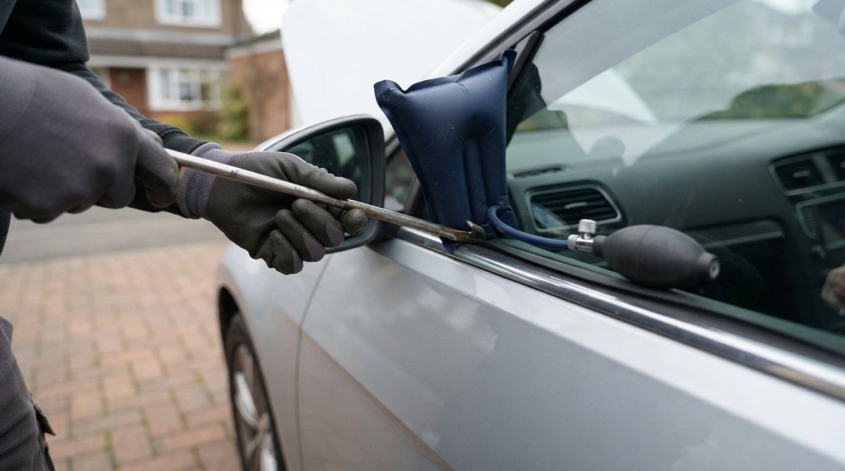 A close-up of a person's hands carefully inserting a long-reach tool through a small gap in a car door frame, with a window wedge in place, outdoors in daylight