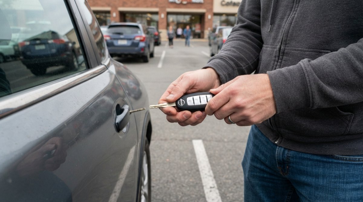 Person holding a mechanical key blade near a locked car door in a parking lot to gain entry