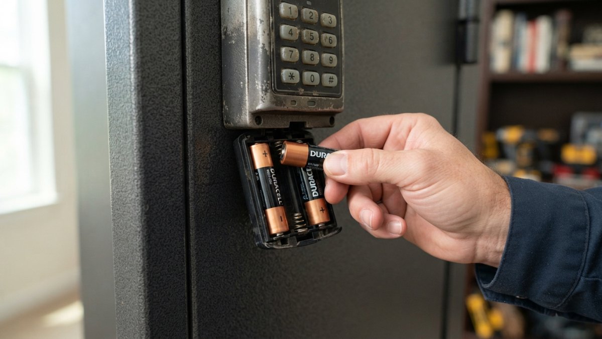 Step-by-step guide for inserting fresh batteries to open locked gun safe by restoring power to the keypad.