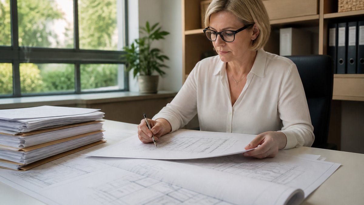 Professional administrator reviewing facility blueprints and compliance documents at a desk in an office setting with natural lighting