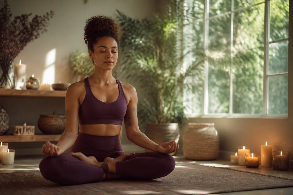 A woman seated in lotus position with eyes closed, hands resting on her knees, soft natural light streaming through a window into a peaceful room with lit candles nearby