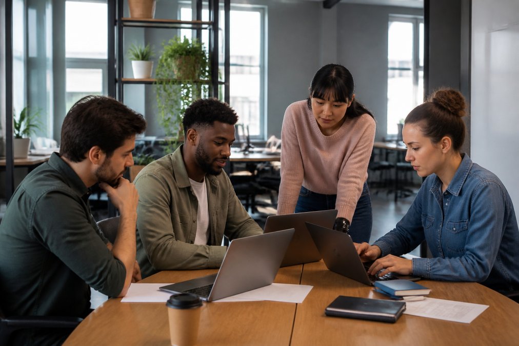 Team of software engineers collaborating around desks with laptops, reviewing test automation workflows and deployment dashboards on multiple screens in a modern tech office