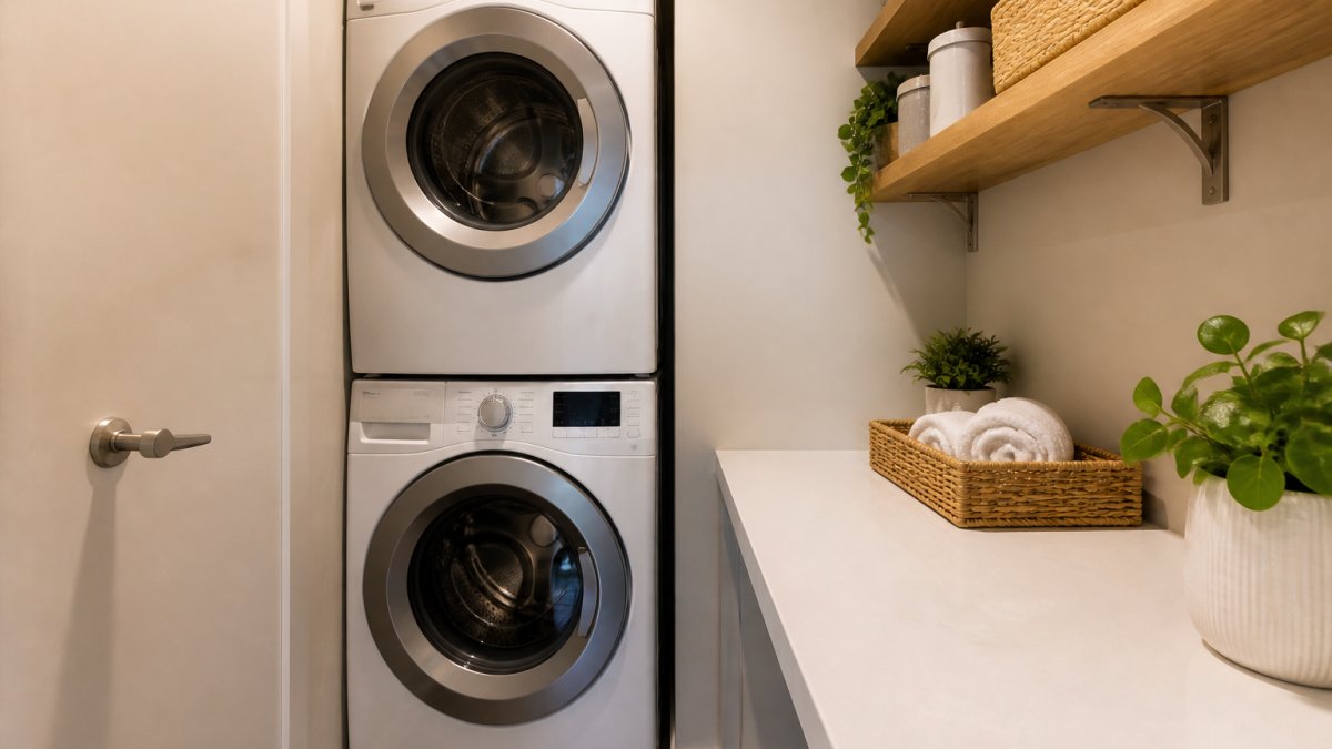 Modern stacked washer and dryer unit positioned in corner of narrow laundry room with wall-mounted shelving above and folding counter beside
