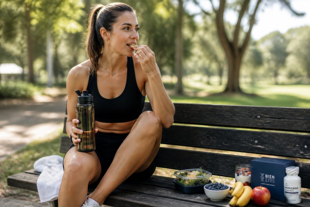 Runner sitting on a bench after a run, holding a water bottle and eating a snack with protein-rich food visible, natural outdoor setting