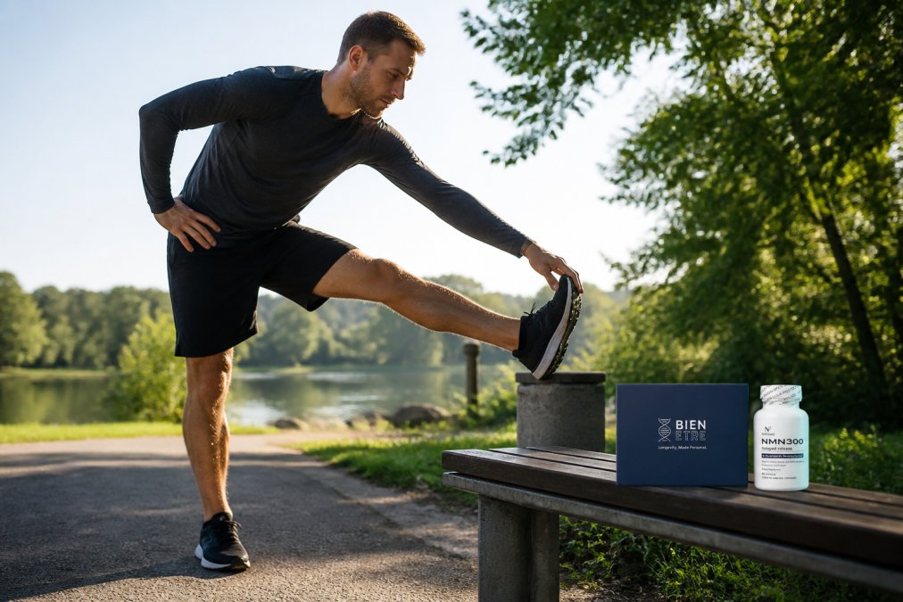 Runner performing a standing hamstring stretch outdoors, demonstrating proper form with focus on lower body flexibility