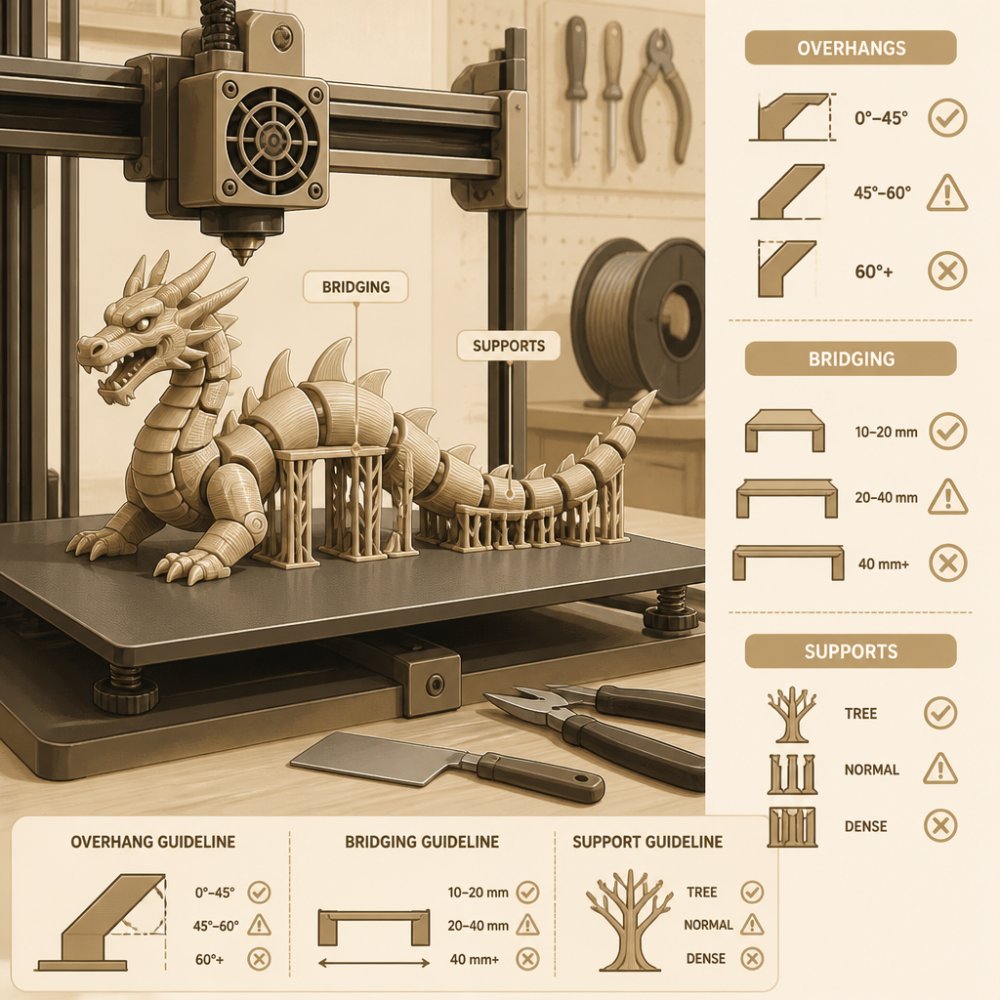 Close-up of a 3D printer mid-print showing an articulated dragon model with visible bridging and support structures on the build plate, workshop setting with tools nearby