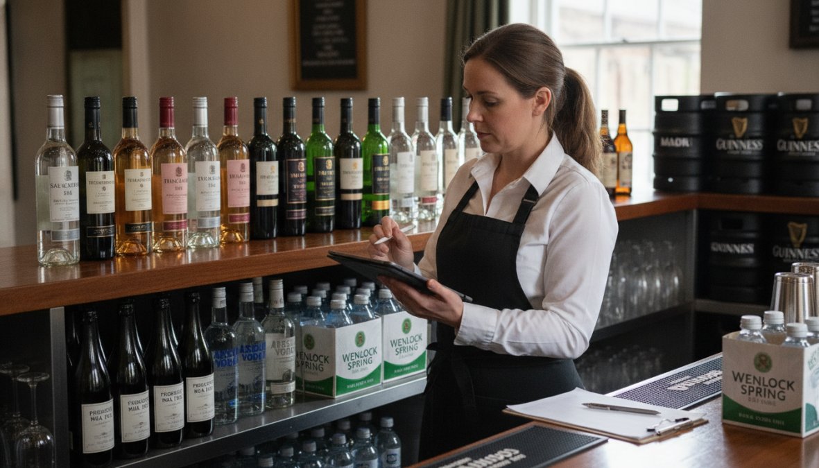 Bar manager carefully counting bottles and recording stock levels on a tablet behind the bar counter, with organised shelving and natural light