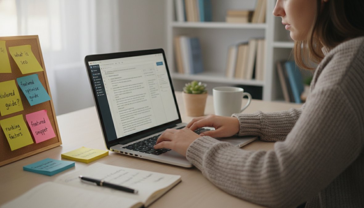 A focused content creator typing on a laptop at a clean desk, with sticky notes showing keyword and question-based research visible nearby, warm natural light from a window to the left
