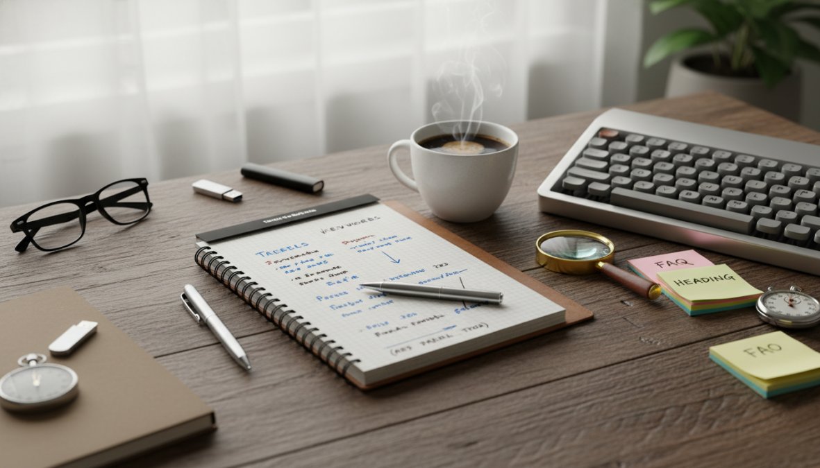 A digital marketer reviewing SEO analytics dashboards on a large monitor in a modern office environment, seated at a clean desk with a notepad and coffee nearby, cool office lighting reflecting off the screen