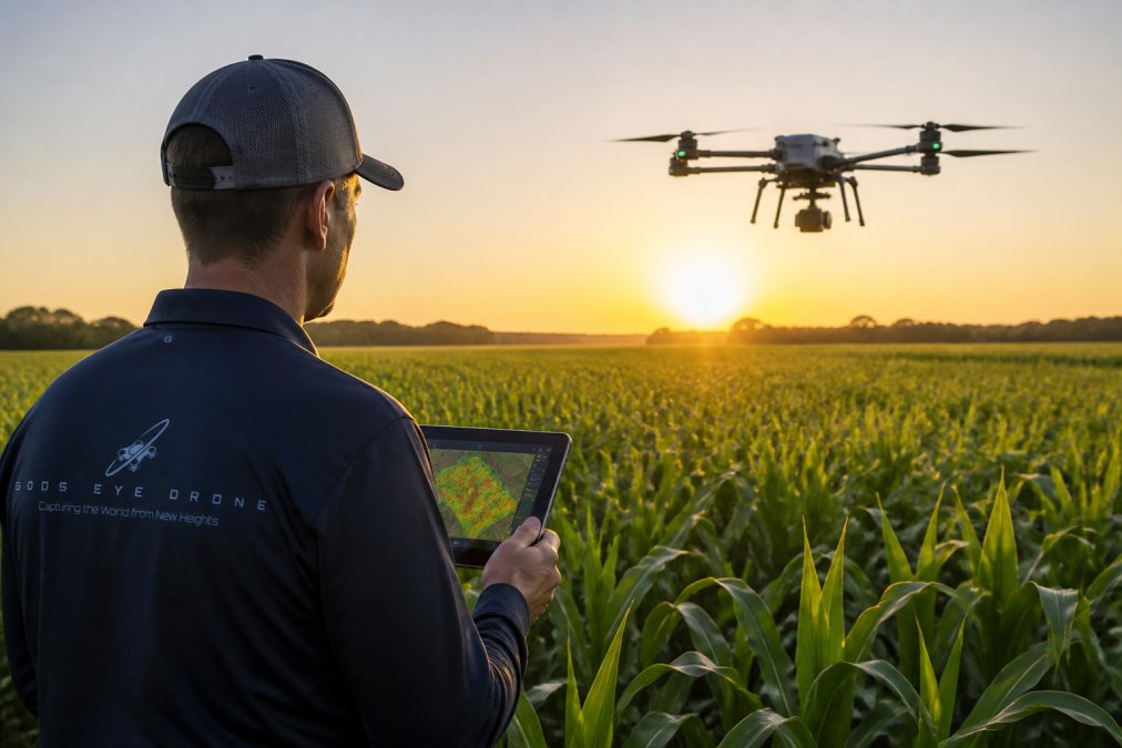 A certified drone pilot standing in a vast green cornfield at sunrise, holding a tablet displaying a multispectral map, with a professional drone hovering nearby