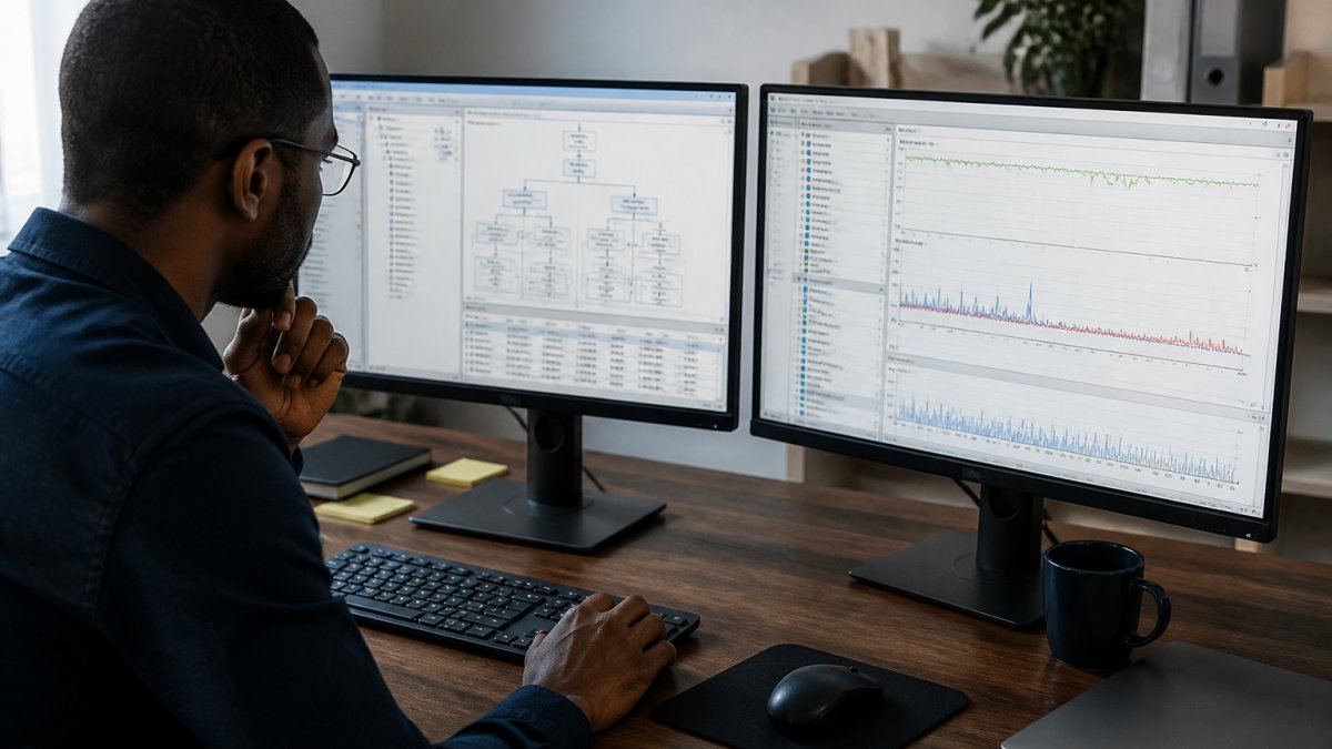 Database administrator reviewing performance metrics on a dual-monitor setup with one screen displaying query execution plans and performance graphs