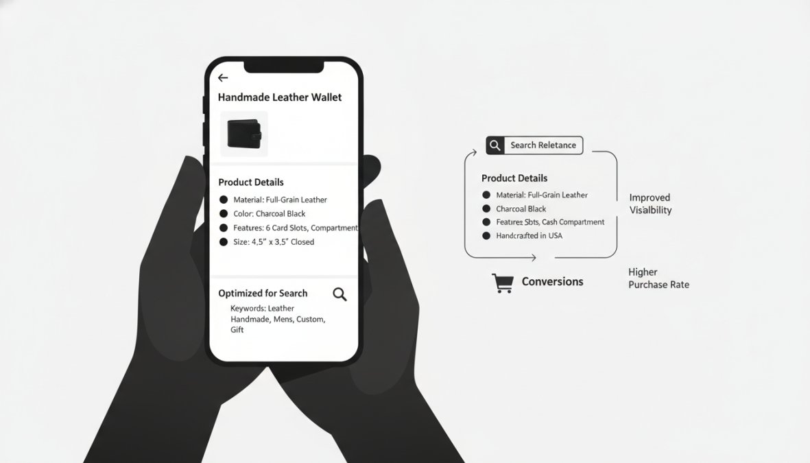 Close-up of hands scrolling through an Etsy product listing on a smartphone, showing well-formatted description with bullet points and clear product details in natural daylight