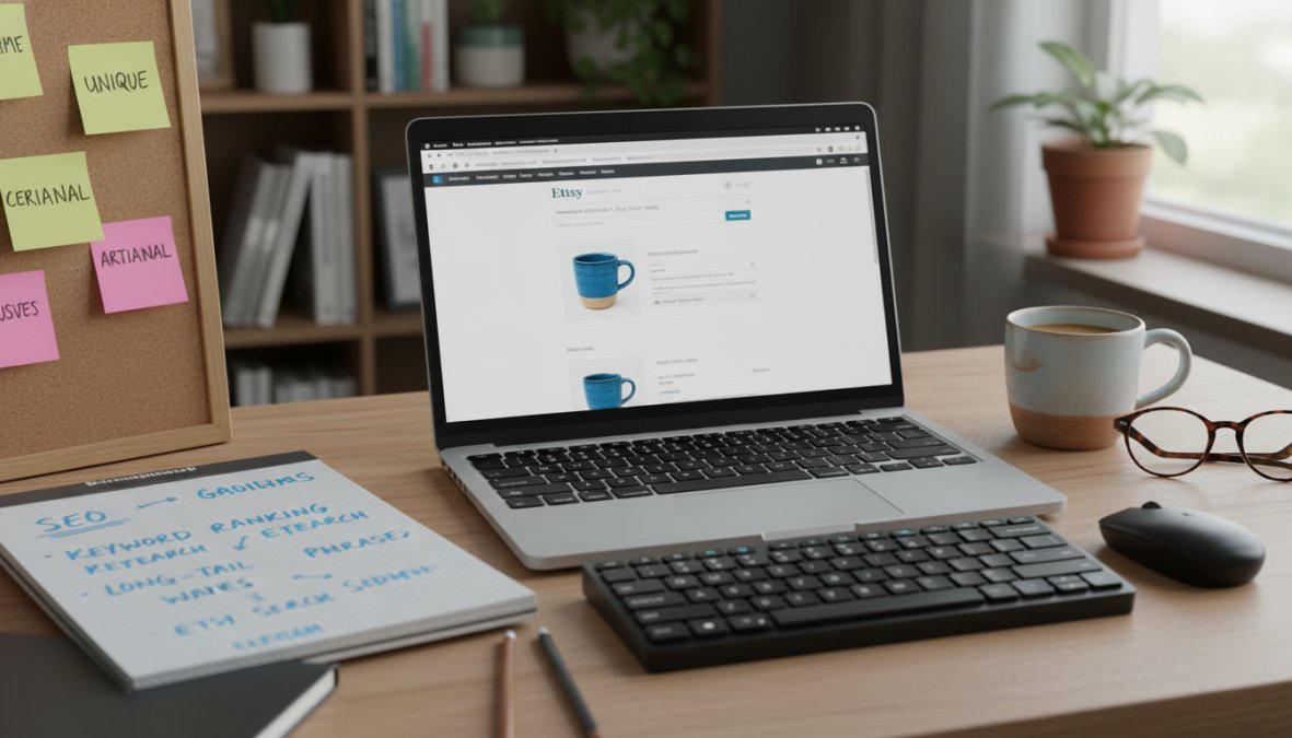 Close-up of a person's hands typing on a laptop with an Etsy shop open on screen, a notepad with keyword notes beside the keyboard, and a cup of coffee nearby on a wooden desk