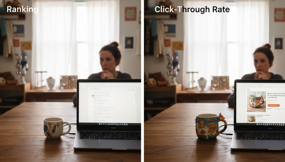 A focused e-commerce seller reviewing analytics data on a desktop monitor in a bright home office, with product items visible in the background suggesting a handmade goods business
