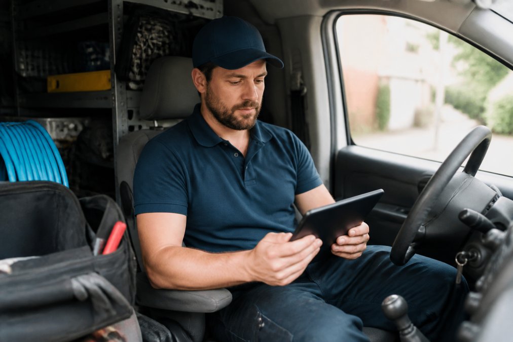 Plumbing technician reviewing scheduled jobs and route details on a mobile device while sitting in work van with tools and equipment visible in background
