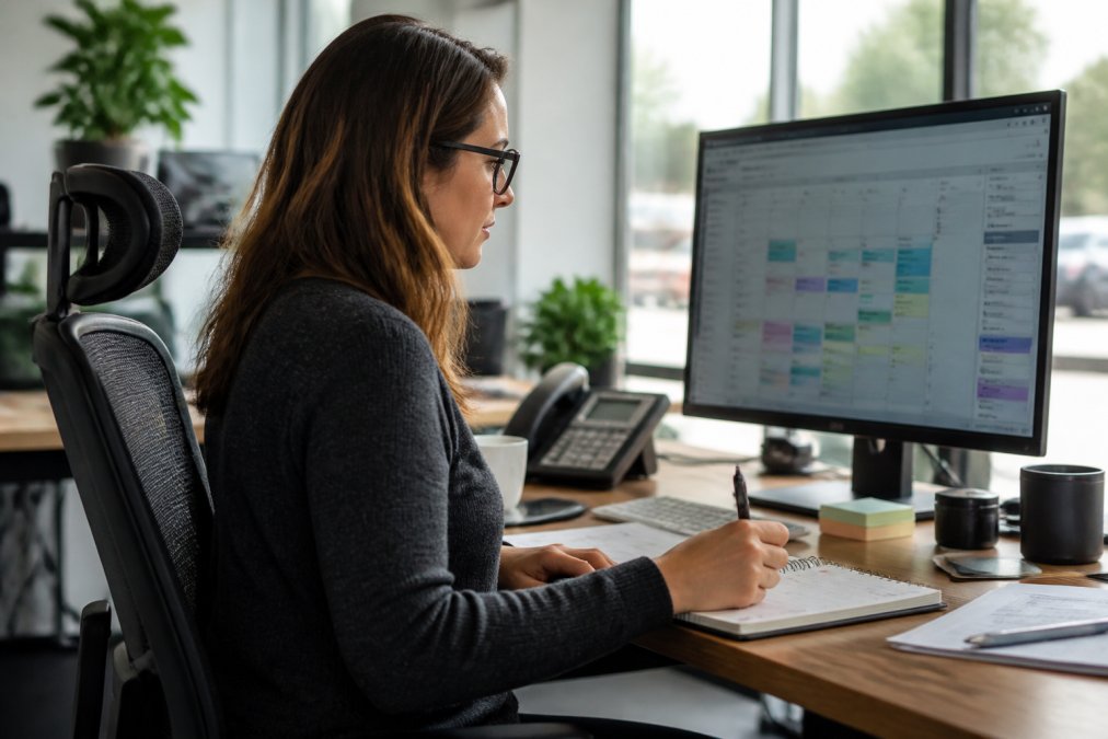 Business owner or office manager reviewing scheduling metrics and performance data on computer monitor at desk with calendar and KPI dashboard visible