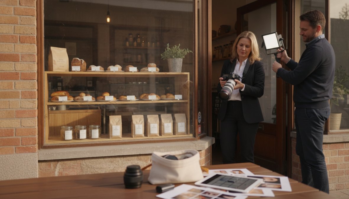 A small business owner holding a mirrorless camera, photographing a well-lit café interior with warm overhead lighting, wooden furniture, and a barista preparing coffee in the background