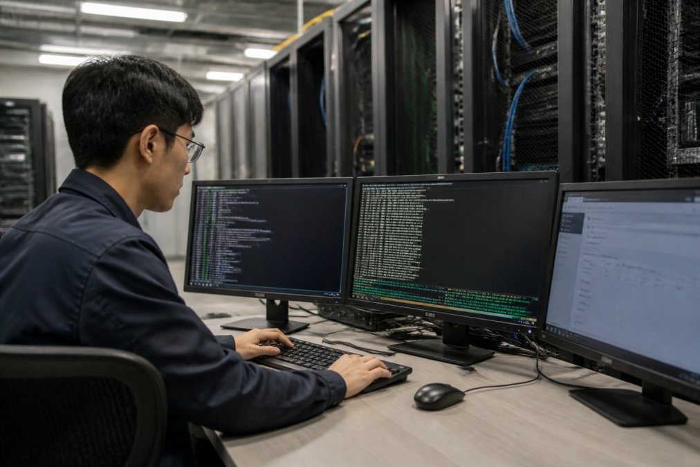 An engineer at a workstation with multiple monitors showing GPU use graphs and terminal output, server racks visible in the background of a data center