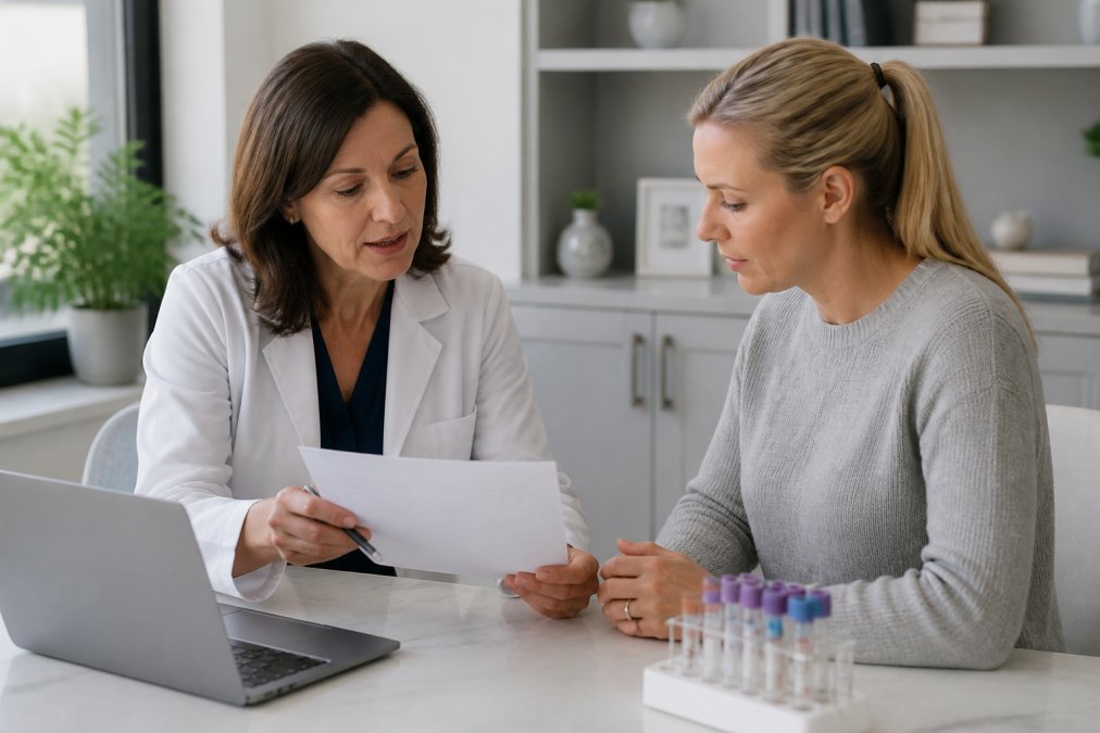 A clinician in a bright modern office reviewing a printed lab panel with a patient, both seated at a desk with a laptop and blood draw tubes visible nearby