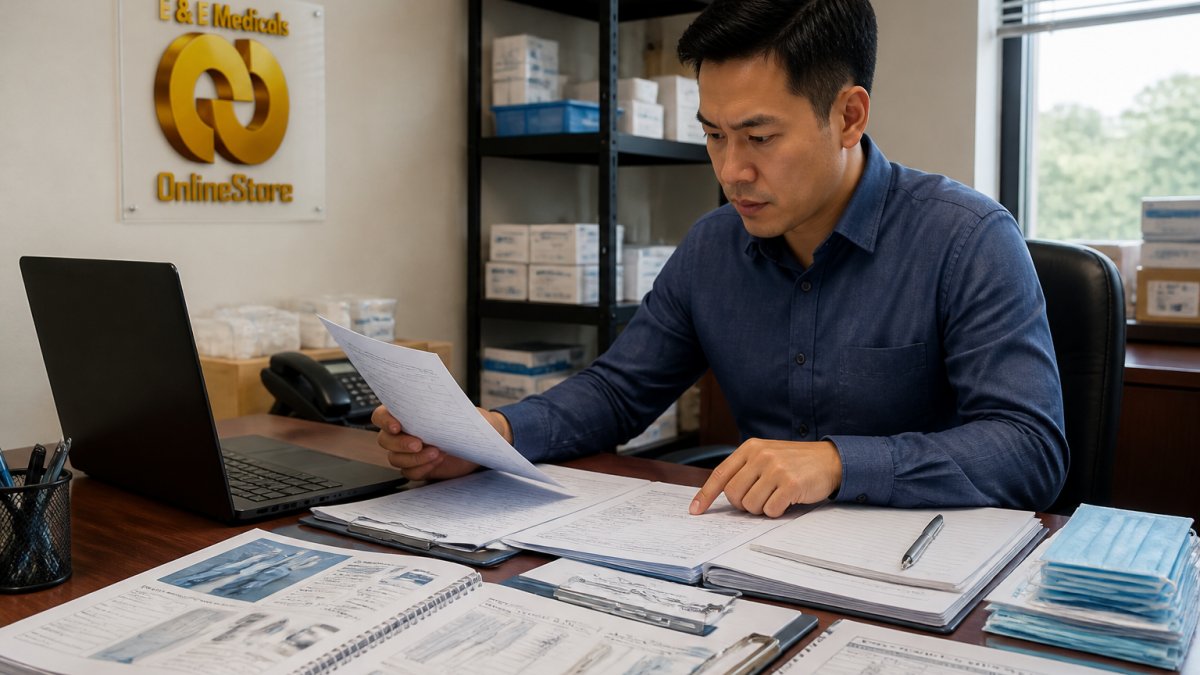 Hospital procurement officer reviewing supplier contracts and medical supply documentation at a desk with catalogs and computer showing inventory data