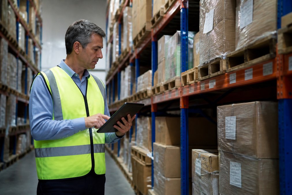 Warehouse manager reviewing organized shelves with inventory labels and stock management system on tablet in modern storage facility