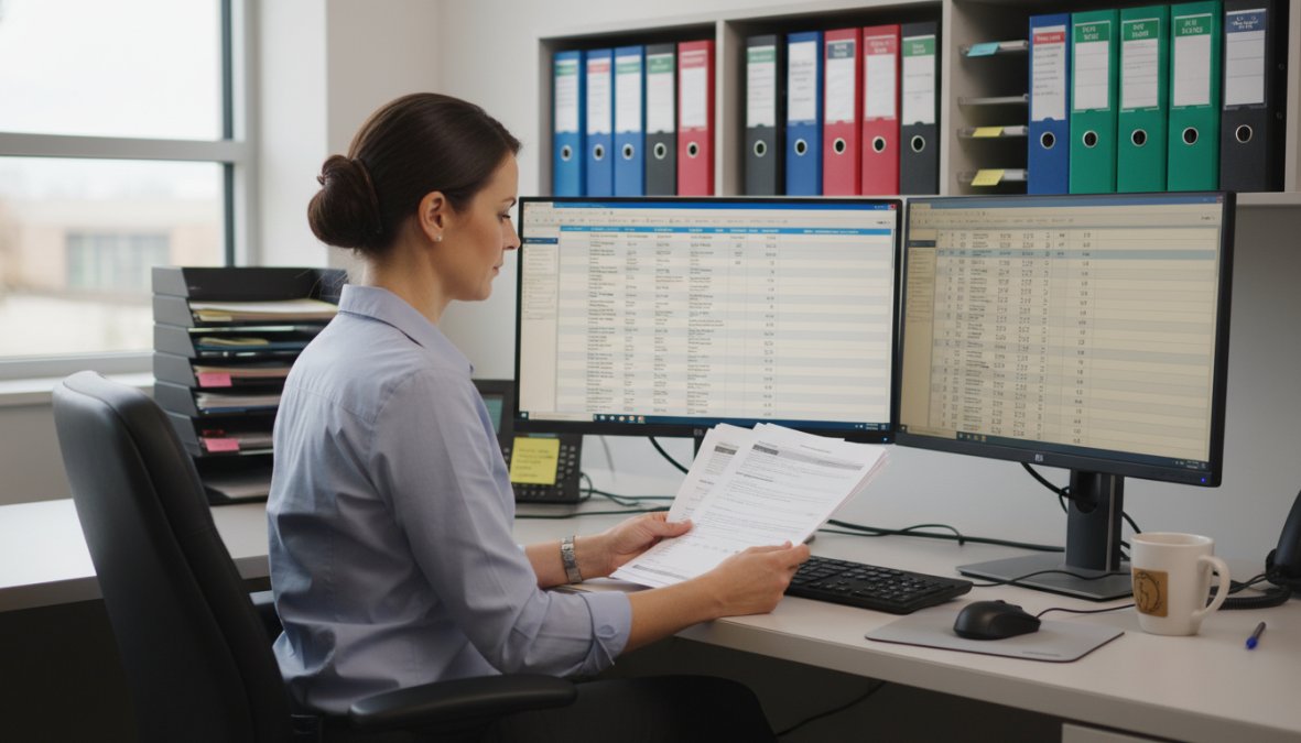 A medical billing specialist reviewing printed patient insurance documents and comparing them on dual monitors in a well-lit professional healthcare office, organized binders visible on shelves behind