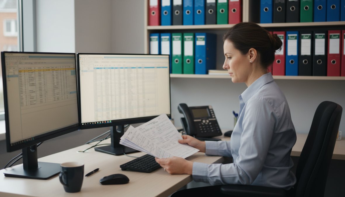 Close-up of a healthcare administrator's hands typing on a laptop displaying a colorful medical billing dashboard with multiple data panels showing claim statuses and payment metrics, in a bright modern clinical office