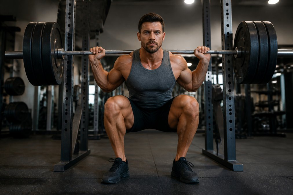 Athletic person performing a heavy barbell squat in a gym setting with proper form, showing muscle engagement during resistance exercise with bright overhead lighting