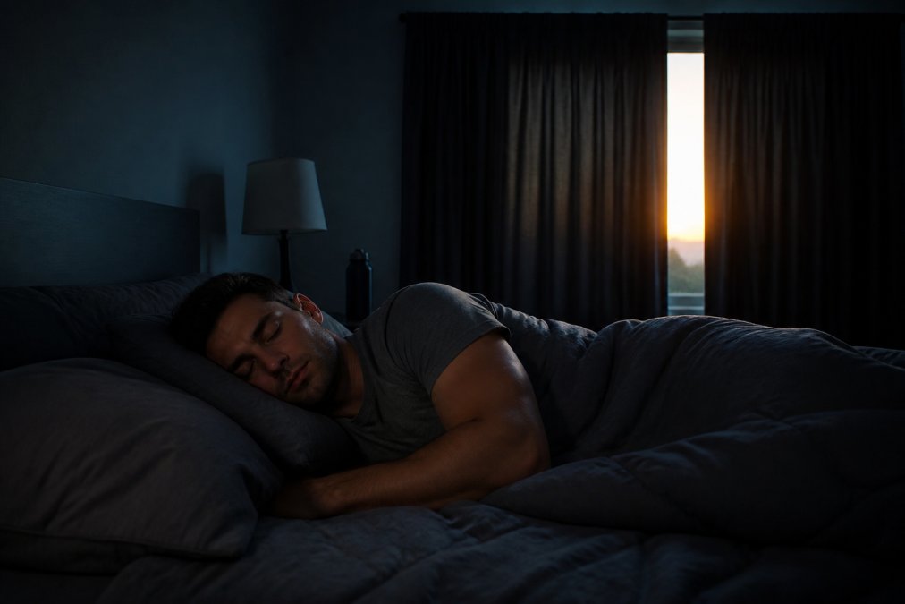Person sleeping peacefully in a dark, cool bedroom with natural lighting from dawn visible through blackout curtains, showing relaxed posture