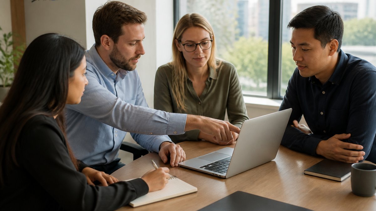 A finance team of four collaborating around a laptop in a modern office, one person pointing at NetSuite dashboards on screen while another takes notes, soft daylight through large windows