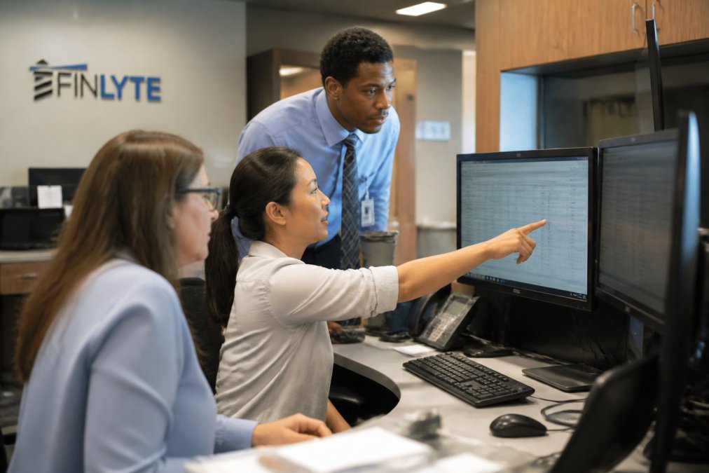 Healthcare finance team using data dashboards to optimize NetSuite in a modern hospital office