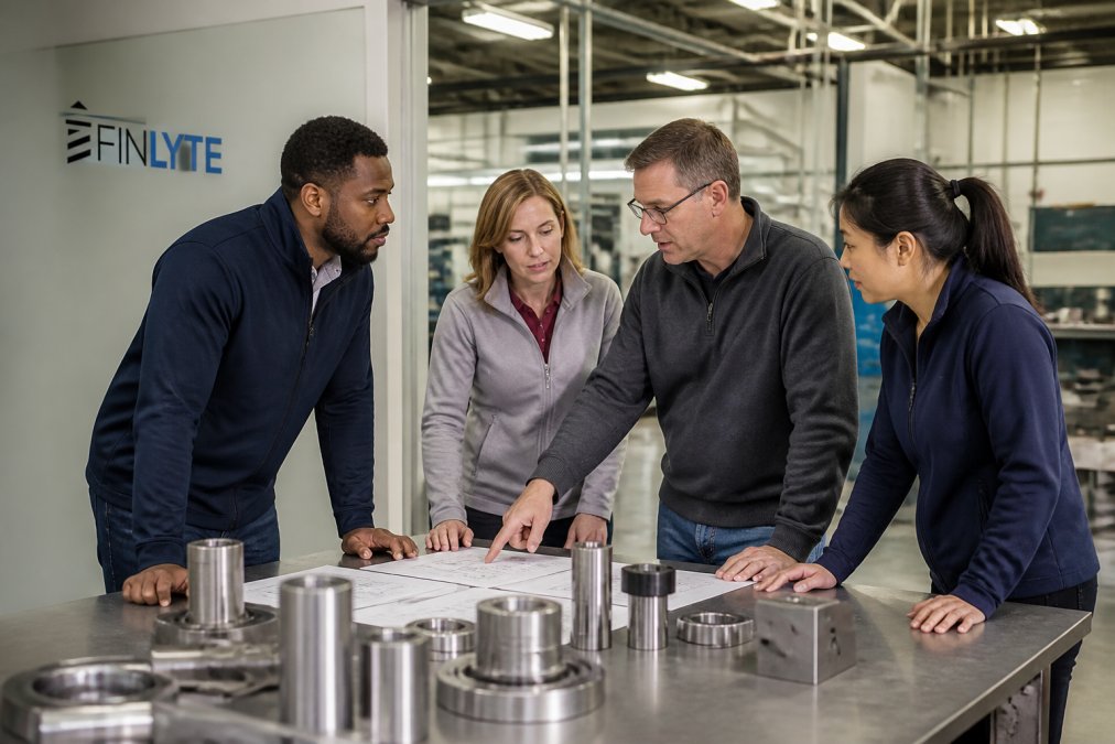 Manufacturing team gathered around a workstation reviewing production data on a monitor, with team members pointing at metrics and discussing operational improvements