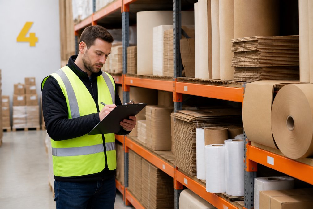 Warehouse manager checking inventory for an efficient packaging supply chain among organized storage shelves