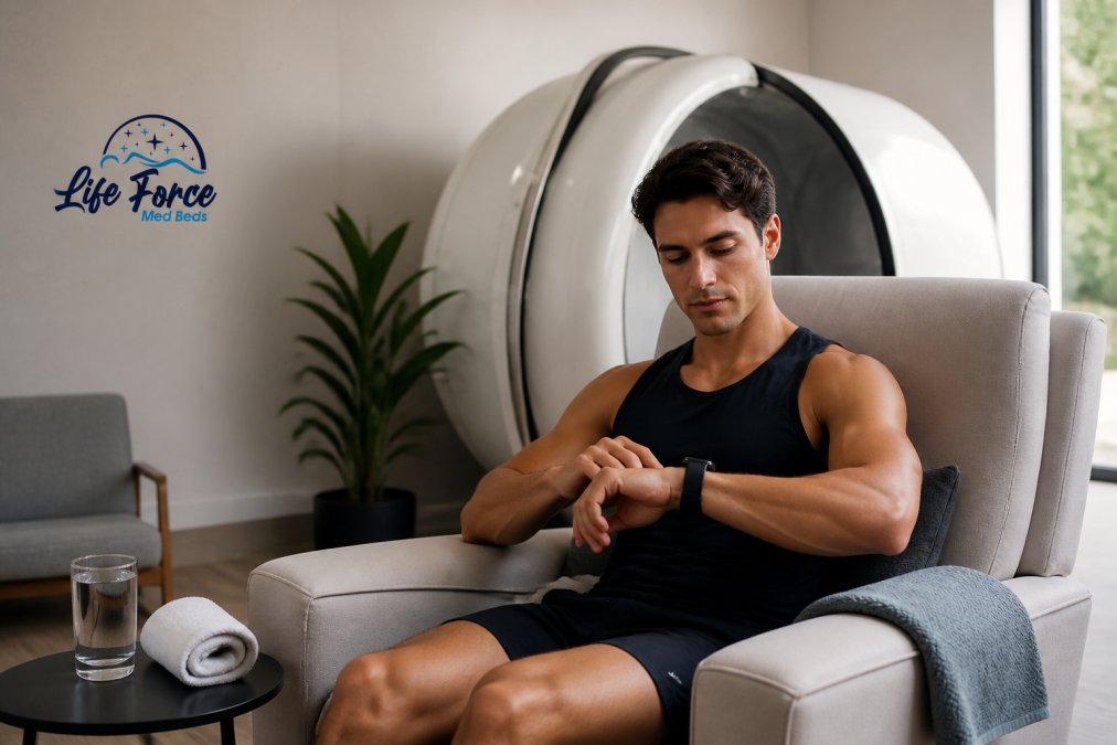 A person in athletic wear sitting calmly in a modern recovery room with soft lighting, wearing a wearable device on their wrist, appearing relaxed and focused during a post-workout recovery session