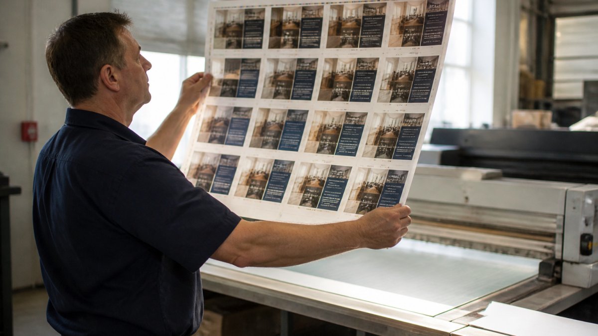 A print shop operator in a clean production facility holding a large press sheet up to the light, with several identical brochure layouts arranged across the sheet and a cutting table visible behind them