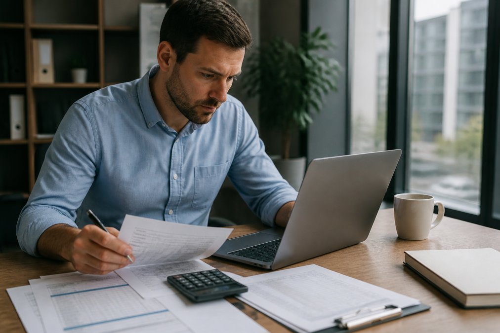 A property manager reviewing budget spreadsheets and maintenance reports on a laptop in a bright office, with a calculator and coffee cup nearby