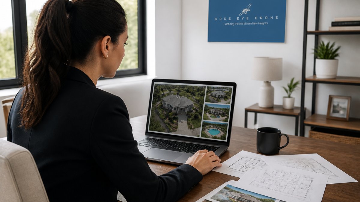 A real estate agent reviewing property listing photos on a laptop screen in a bright home office, with printed floor plans and a coffee mug on the desk