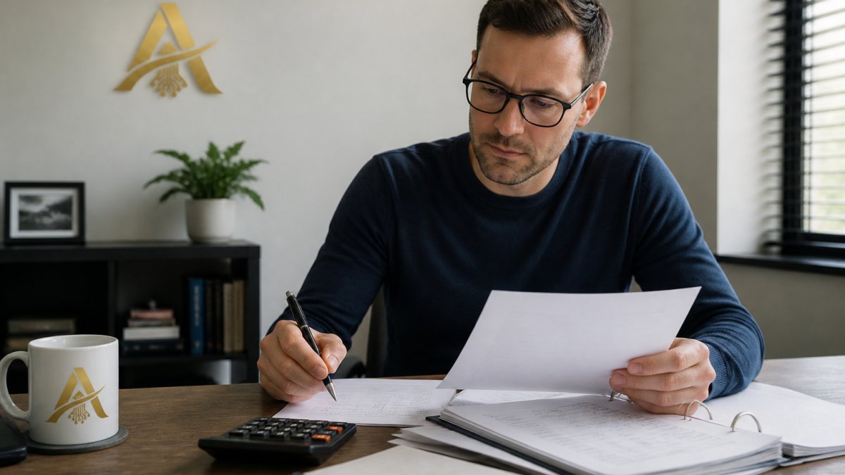 Business owner reviewing financial documents and compensation records at a desk, with a calculator and notebook visible