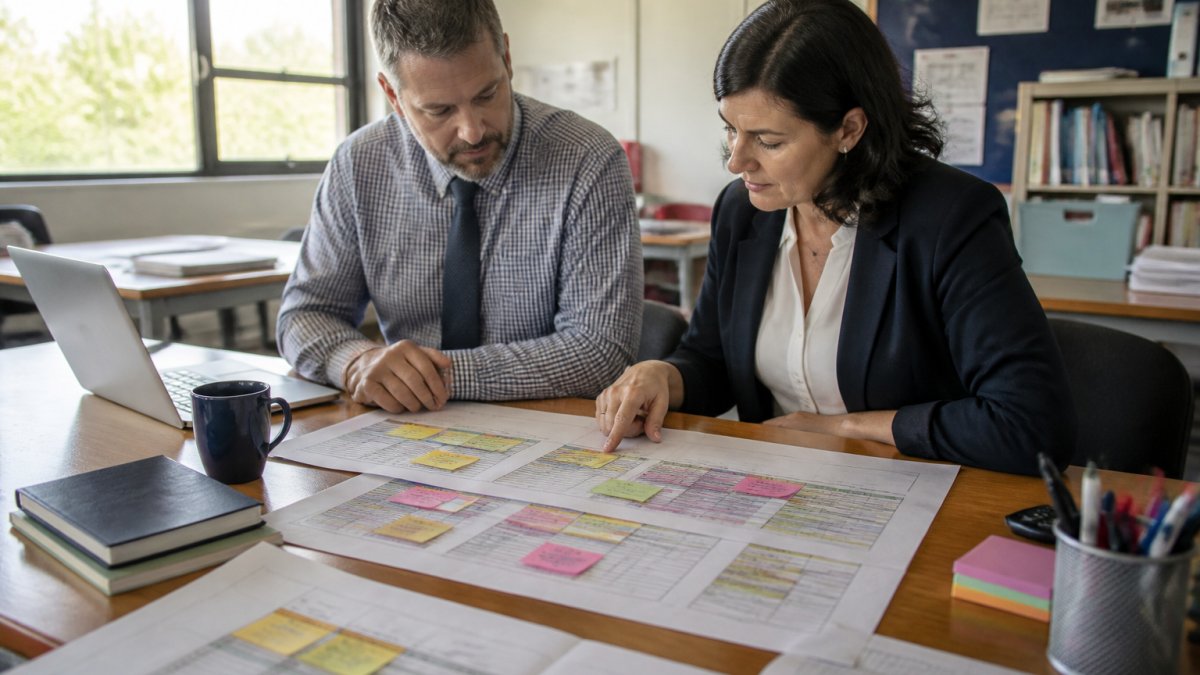 School administrators reviewing printed school timetables and laptop data in a bright staffroom office