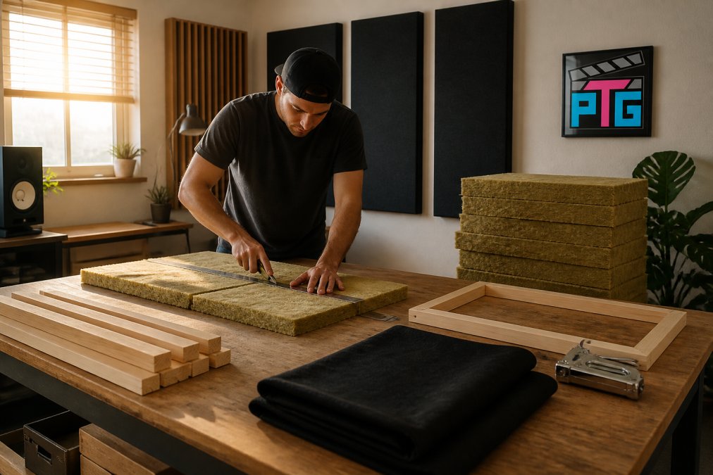 Person cutting mineral wool for DIY acoustic panels to improve small room acoustics in a sunny home studio.