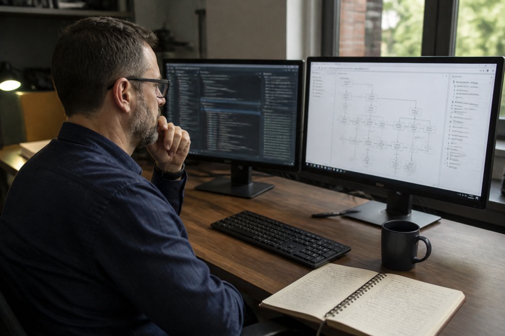 Database administrator reviewing execution plans to optimize SQL queries at a workstation
