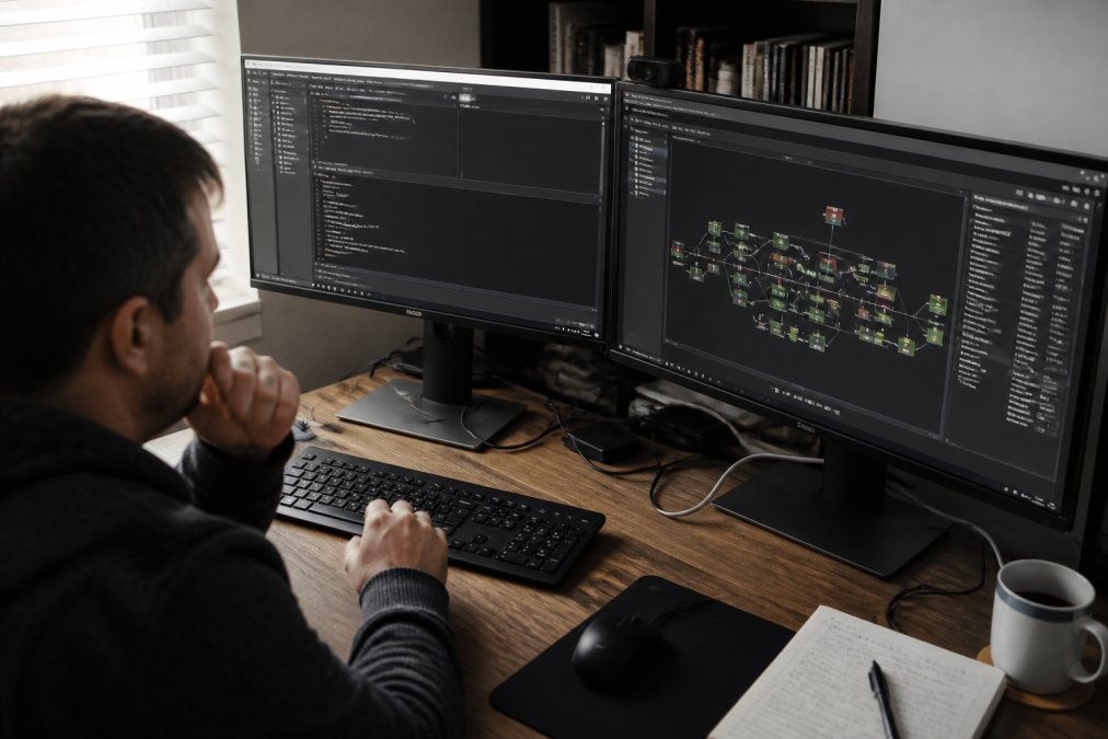Developer analyzing a colorful execution plan graph to optimize sql query performance on dual monitors