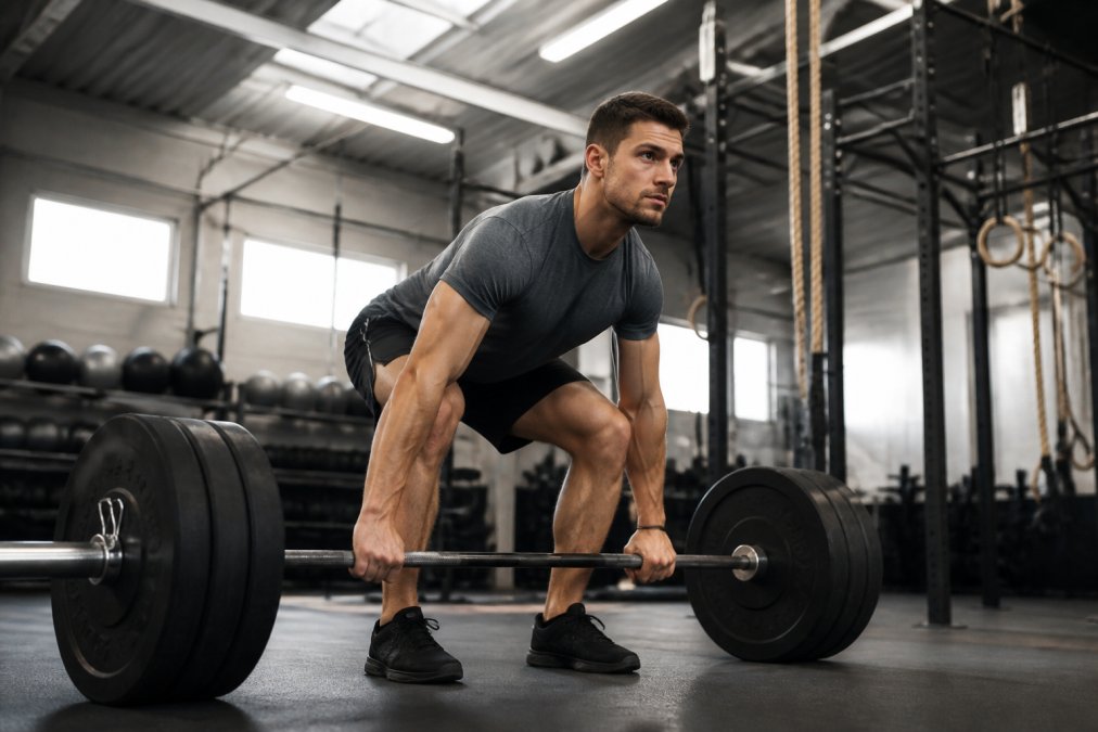 Athlete performing sport-specific weightlifting movement with proper form at loaded barbell in modern gym with bright overhead lighting