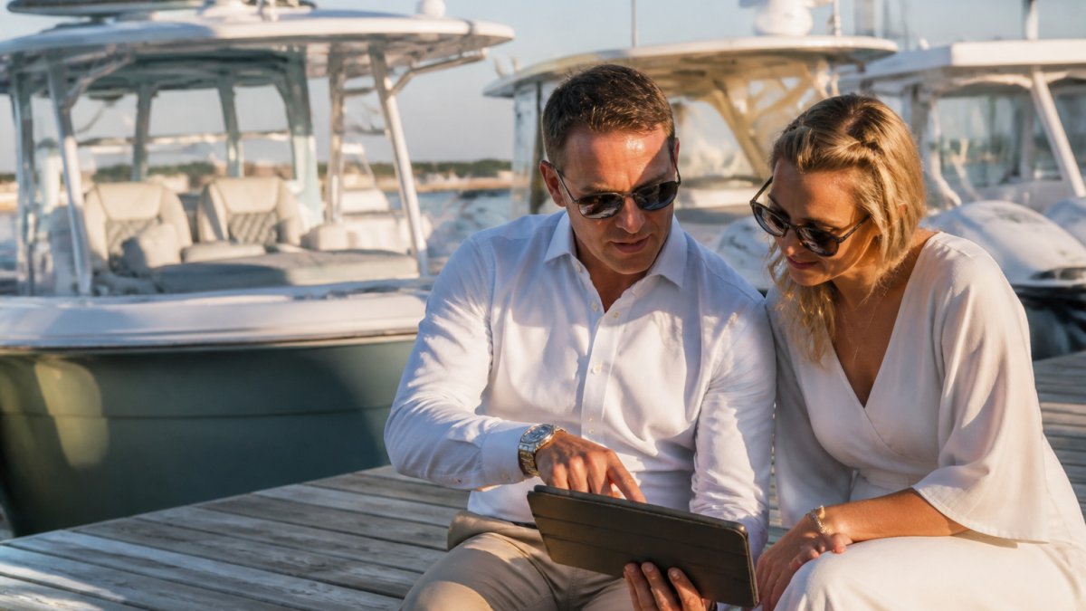 Yacht broker showing listings on a tablet to a client at a marina, illustrating best practices for yacht brokerage websites.