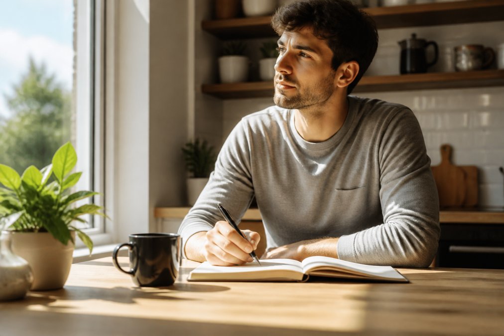 A person sitting at a bright kitchen table with a freshly brewed cup of black coffee, a notebook, and a pen, with soft morning sunlight streaming through a window