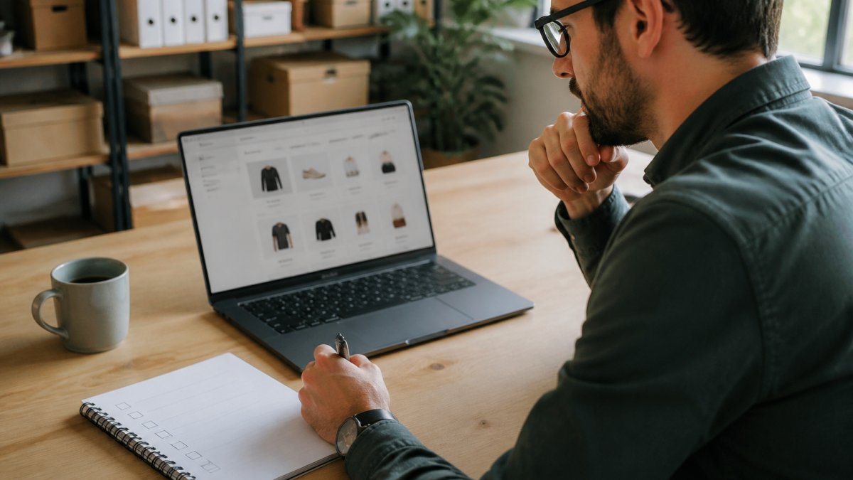 E-commerce manager reviewing store performance metrics on laptop screen in bright office, with analytics dashboard visible, optimization checklist and coffee on desk